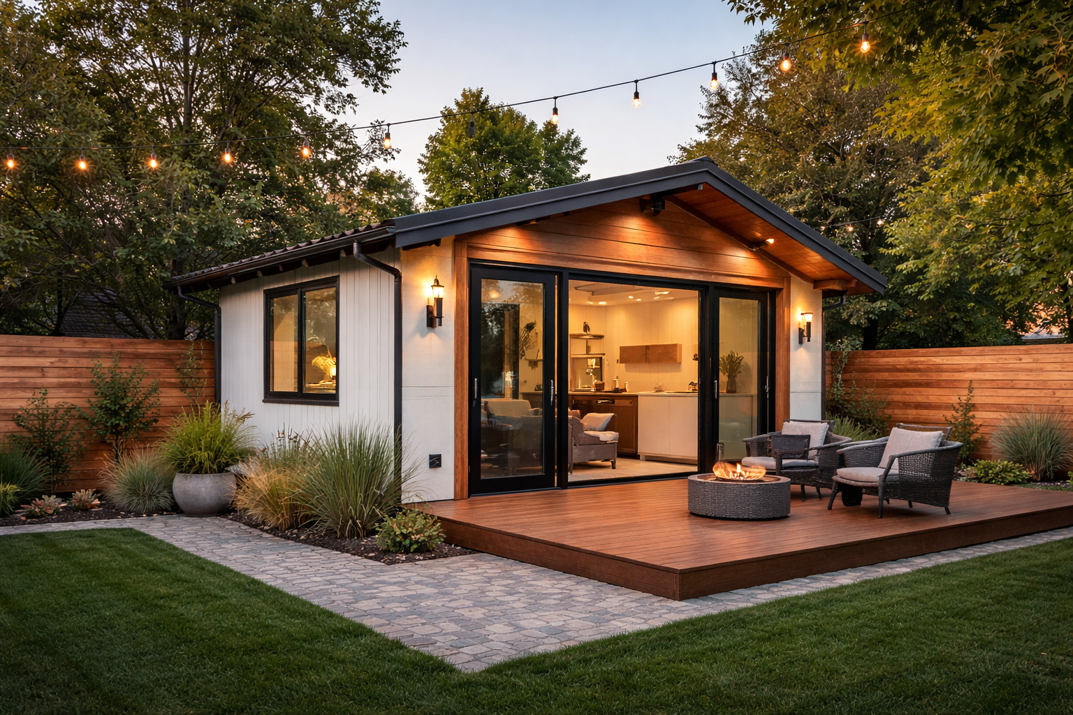 Backyard ADU with deck, fire pit and string lights at dusk